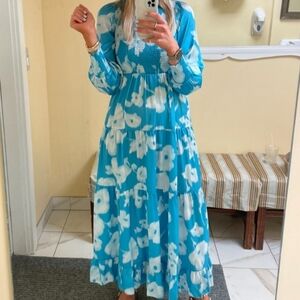 Tuckernuck Maxi Dress Libby Watercolor Modest Turquoise And White Size Small